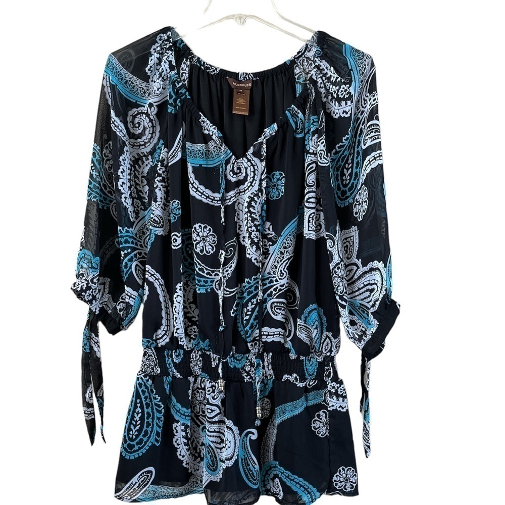 Multiples sheer tunic shirred elastic waist fully lined size M 3/4 sleeve